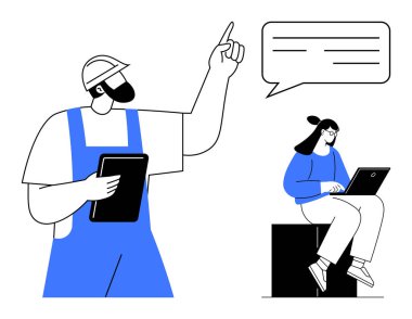 Üniformalı inşaat işçisi yukarıya doğru bakıyor ve sohbet baloncuklarıyla dizüstü bilgisayarda çalışan birinin yanında bir dosya tutuyor. Takım çalışması, iletişim, işbirliği için ideal