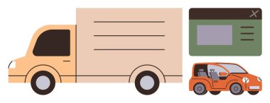 Turuncu teslimat kamyonu, görünür iç dizaynı olan kompakt araba ve tarayıcı arayüzü. Lojistik, ulaşım, teknoloji, e-ticaret, kentsel hareketlilik, dağıtım hizmetleri için ideal basit düz metafor