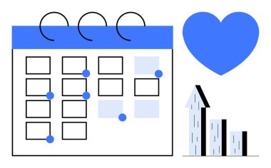 İşaretli kutular ve röfleli takvim, büyümeyi temsil eden bar çizelgesi ve kalp sembolü. Planlama, üretkenlik, organizasyon, büyüme, iş, sağlık hizmetleri sade iniş sayfası için ideal