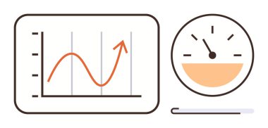 Yükselen çizgi grafiği ve hız göstergesi izleme performansı ve büyüme metrikleri. Basit bir dairede iş, analitik, performans, büyüme, izleme, strateji ve verimlilik için ideal