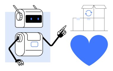 Robot, yanında mavi kalp olan geri dönüşüm işaretli kutuları gösteriyor. Robot bilimi, teknoloji, sürdürülebilirlik, e-ticaret, nakliye, ambalaj, basit iniş sayfası için ideal