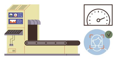 Kontrol paneli, biyometrik yüz tanıma sistemi ve hız göstergesi olan konveyör tabanlı güvenlik tarayıcısı. Havaalanı güvenliği, izleme, otomasyon, teknoloji, veri işleme, verimlilik için ideal