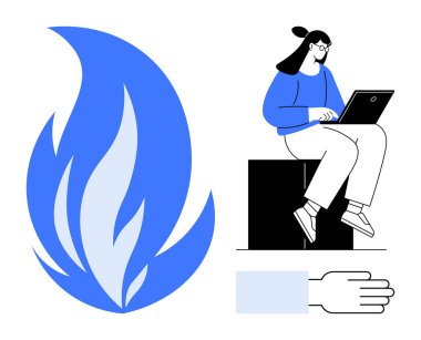 Dizüstü bilgisayarı olan bir kadın, büyük mavi bir alev ve açık bir el. İş yaratıcılığı, teknoloji, enerji, takım çalışması, dijital odak yenilik eğitimi için idealdir. Basit düz metafor