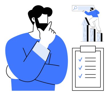 Düşünceli adam, keneli listeler, yükselen bar çizelgeleri ve ilerleme arayışı. Planlama, strateji, hedef belirleme, büyüme verimliliği analitiği karar verme için idealdir. Basit düz