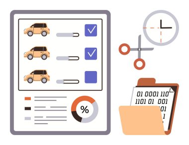 Kontrol listesi, pasta grafiği, ikili veri klasörü, saat, makas ile karşılaştırılmış arabalar. Araç teftişi, imalat, kalite güvencesi veri işleme verimliliği analizi için ideal. Basit düz