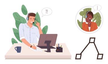 Uzaktan kumandalı ekip üyesiyle iletişim kurarken bir müşteri sorgusunu çözmek için kulaklık takan bir ofis çalışanı. Müşteri hizmetleri, işbirliği, takım çalışması, telekomünikasyon, uzaktan çalışma, danışmanlık için ideal