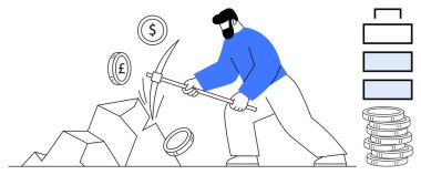 Kişi kazmayla kayalara çarparsa, paralar uçar. Birikmiş paralar, bar tablosu finansal büyümeyi temsil ediyor. Finans, kripto para birimi, yatırım, başarı zenginliği dijital ekonomisi için idealdir. Basit.