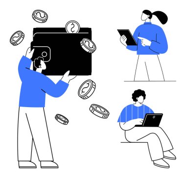 İçinde bozuk para olan büyük bir cüzdan, elinde cüzdan olan bir adam tablet kullanan bir kadın, dizüstü bilgisayarda bir adam. Finans, tasarruf, bütçe, yatırım, e-ticaret dijital araçları için ideal basit iniş sayfası