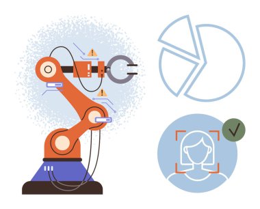 Robotik mekanik kol işlemleri, uyarı uyarıları, yüz tanıma sistemi ve analitik pasta grafiği. Otomasyon, yapay zeka, robot bilimi, güvenlik, teknoloji veri analizi için ideal