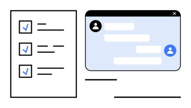 Kullanıcı avatarları ve diyalogları olan düzenli kontrol listesi ve sohbet penceresi. İşbirliği, iletişim, görev takibi, verimlilik, takım çalışması, iş araçları, basit iniş sayfası için ideal