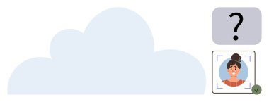 Veri deposunu temsil eden büyük mavi bulut, doğrulama işaretli kullanıcı profili fotoğrafı ve soru işareti simgesi. Teknoloji, güvenlik, bulut hesaplama, kimlik, veri koruması için ideal