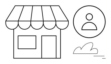 Tenteli, kullanıcı profili simgesi ve asgari kıllı bir depo önü. Küçük işletme, müşteri profili, perakende, e-ticaret, pazarlama, girişimcilik için ideal basit iniş sayfası