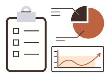 Pano kontrol listesi, segmentli pasta grafiği ve anahtar performans göstergelerini gösteren yukarı doğru eğik çizgi grafiği. İş için ideal, ilerleme izleme, analitik, strateji, planlama, organizasyon