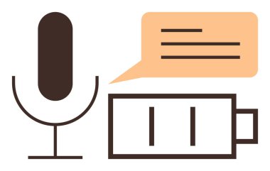 Mikrofon, metin satırlı turuncu konuşma balonu ve basit grafik tasarımlı pil sembolü. Ses kaydı, podcast, ses mühendisliği, iletişim, enerji, dijital araçlar için ideal