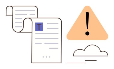 Bir veri bulutunun yanında hata uyarısı simgesi olan belgeler. Hata raporlama, veri sorunları, belge yönetimi, bildirimler, uyarılar, sorun giderme, iletişim için ideal. Temiz düz metafor