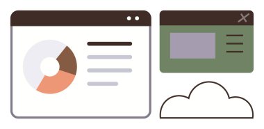 Ekranda pasta grafiği, veri panelleri ve bulut simgesi. Veri görselleştirme, bulut teknolojisi, analitik, web tasarımı, iş görüşü, dijital araçlar için ideal düz metafor