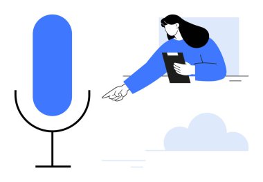 Elinde pano olan kadın, büyük bir mikrofon ikonunun yanına işaret ediyor. İletişim, podcast, yayın, ses kaydı, röportajlar, dersler, sunumlar, basit iniş sayfası için ideal