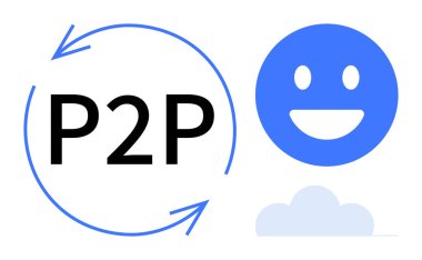 P2P metni, neşeli mavi bir yüz ve basit bir bulutun yanında dairesel oklarla çevrili. Ağ, iletişim, veri paylaşımı, takım çalışması, yenilik, işbirliği, basit iniş sayfası için ideal