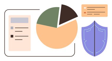 Turta şeması, kalkan ve analitik gösterge paneli veri analizini, siber güvenliği ve korumayı sembolize eder. İş, finans, güvenlik, araştırma stratejisi teknolojisi ve risk yönetimi için ideal