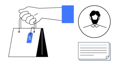 İndirim etiketli el çantası, müşteri profili avatarı ve belge ikonu, çevrimiçi alışveriş, pazarlama, satış, müşteri hizmetleri, dökümantasyon, teklifler ve iletişimi temsil eden