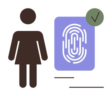 Onay işaretli büyük bir parmak izi ikonunun yanındaki kadın figürü. Kimlik, güvenlik, teknoloji, erişim kontrolü, gizlilik, biyometri, dijital kimlik için ideal. Basit düz metafor