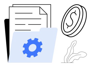 Ayarlar için teçhizatlı klasörler, finans için para ve doğa için yapraklar. Finans, organizasyon, teknoloji, ekonomi, iş akışı için ideal. Modern ve basit düz metafor