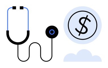 Bir dolar işaretine bağlı steteskop tıbbi harcamalar, finansal planlama ve sağlık fonu kavramını özetliyor. Sağlık, para yönetimi, sigorta ve bütçe için ideal