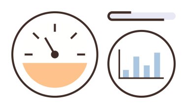 Veri takibi, analiz ve izleme için hız göstergesi, yatay ilerleme çubuğu ve sütun grafiği. İş performansı, veri ölçümleri, izleme ve değerlendirme için ideal
