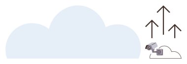 Yüklemeyi sembolize eden üç oklu büyük bulut grafiği. Bir bulut içinde tasvir edilen küçük veri sunucuları, depolama ve güvenliği vurguluyor. Bulut hesaplama ve teknoloji için ideal.