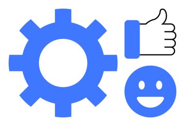 Mavi dişli, baş parmaklı, ve gülümseyen yüz takım çalışması, yenilik, kullanıcı memnuniyeti, verimli süreçler öneriyor. Üretkenlik, işbirliği, geri besleme optimizasyon öz iyileştirme hizmeti için idealdir