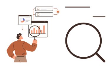 Ekrandaki veri tablolarını inceleyen kişi büyüteç kullanarak, sezgilere odaklanıyor. Analiz, araştırma, kavrayış, strateji, keşif ve iş öğrenimi için idealdir. Minimalist düz metafor