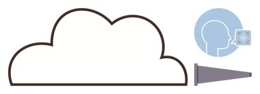 Bulut çizgisi, ses dalgalarını tanıyan ses profili ve megafon iletişimi, veri depolamayı ve teknolojiyi vurguluyor. Yapay zeka, ağ oluşturma, konuşma analizi, yenilikçi ses işleme için ideal