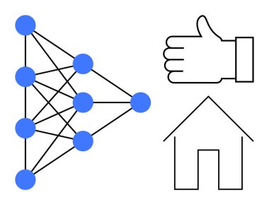 Bağlı mavi düğümlere sahip sinirsel ağ, baş parmak işareti, ve yapay zekayı, karar verme mekanizmasını ve ev otomasyonunu simgeleyen ev çizgisi. Yapay zeka, teknoloji, yenilik ve karar sistemleri için ideal veri