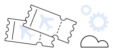 Açık mavi vitesli ve parlak beyaz bulutlu iki uçak bileti. Uçak yolculuğu, rezervasyon, turizm, planlama, yenilik, otomasyon ve basitlik için ideal. Basit bir daire.