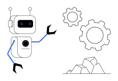 Mavi kollu dost canlısı robot iki büyük vites ve kayalık yapıyı inceliyor. Teknoloji, yapay zeka, robot bilimi, otomasyon, mühendislik, yenilik, fütüristik kavramlar ve basit iniş sayfaları için ideal