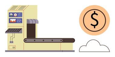 Taşıyıcı bandı, kontrol paneli ve dijital ekranı olan fabrika makinesi. Dolar işareti ve bulut vurgusu finans, teknoloji, sürdürülebilirlik, yenilik, üretim otomasyon enerjisi. Basit düz