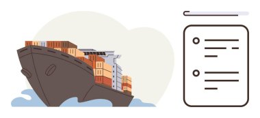 Kargo gemisi, kontrol listesi belgeleriyle eşleştirilmiş su üzerinde konteynırlar taşıyor. Nakliye, lojistik, ticaret, ulaşım, ticaret, ithalat-ihracat, küresel ticaret için ideal. Basit bir düz metafor.