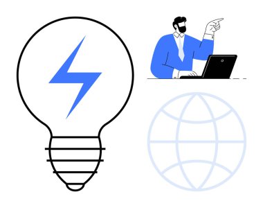 Yaratıcılık için mavi yıldırımlı ampul, dizüstü bilgisayarlı iş adamı, küresel ağ sembolü. Yenilik, teknoloji, takım çalışması, problem çözme, ağ oluşturma, girişimcilik için ideal