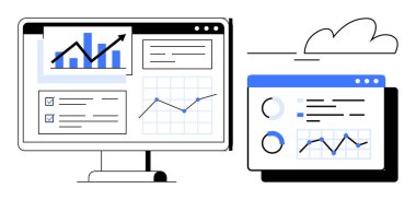 Bilgisayar monitörü ve dijital tablet analitik gösterge paneli, grafikler ve performans ölçümleri gösteriyor. İş analizi, finans, teknoloji, veri yönetimi ve bulut hesaplaması için ideal