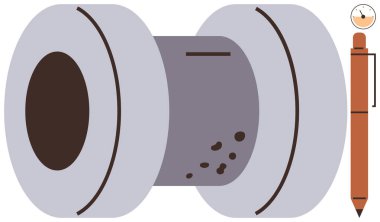 Paslı silindirik metal yüzey, aşınma noktaları elektronik test kalemleri tarafından inceleniyor. Endüstriyel teftiş, metalürji, aşınma çalışması, kalite kontrolü, mühendislik analizi, materyal için ideal