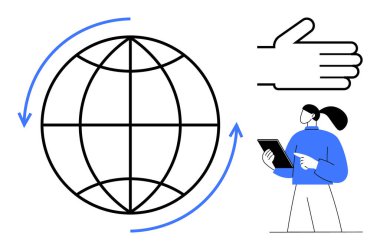 Döner okları, el hareketi ve tableti tutan bir kadın. Küresel işbirliği, teknoloji, bağlantı, sürdürülebilirlik, takım çalışması, eğitim için ideal basit iniş sayfası