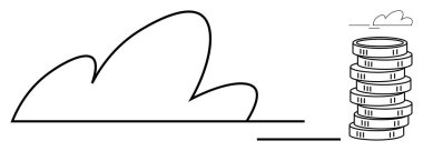 Para yığınının yanında minimalist bulut, bulut ekonomisini, dijital tasarrufu ve finansal başarıyı sembolize ediyor. Teknoloji, finans, yenilik, yatırım, ekonomi, girişimler için ideal düz bir metafor