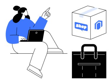 Diz üstü bilgisayar kullanan bir kadın, üzerinde Shop etiketi olan bir paket ve siyah bir evrak çantası. E-ticaret, nakliye, çevrimiçi perakende, iş araçları, işyeri verimliliği, dağıtım hizmetleri için ideal