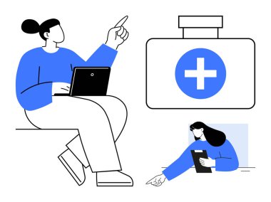 Yukarıyı gösteren bir dizüstü bilgisayar, çapraz sembollü ilk yardım çantası, panoda profesyonel yazı. Basit sağlık, teknoloji, eğitim, takım çalışması, planlama ve teletıp için ideal