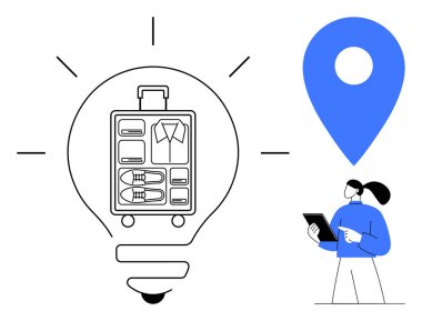 Ampulün içindeki organize bavul seyahat fikirlerini, dijital harita işaretleyicisi navigasyonu simgeler. Tabletli kişi planlamayı temsil eder. Seyahat, iş, lojistik ve yenilik için ideal