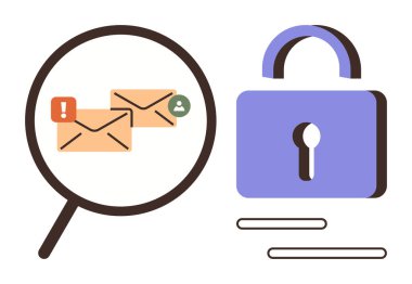 Büyüteç, mor asma kilidin bitişiğindeki bildirim içeren e-postaları ön plana çıkarıyor. İletişim, siber güvenlik, e-posta güvenliği, phishing önleme, veri koruması, dijital mahremiyet için ideal