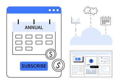 Bulut depolama ve analitik arayüzlere bağlı takvim ve abonelik ödeme seçenekleri. Üyelik hizmetleri, bulut hesaplama, mali planlama, SaaS, otomasyon, pazarlama araçları için ideal