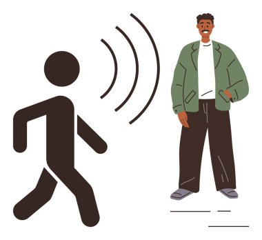 İnsan figürü, soyut yürüyen insan ikonuna ses dalgaları gönderiyor, iletişim eylemi ya da rehberlik yapıyor. İletişim, etkileşim, yön, yardım, ses, öğrenme için ideal