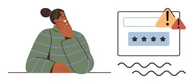 Güvenlik arızalanırken, kişi uyarılarla giriş hatasına düşünceli bir şekilde tepki verir. Siber güvenlik, problem çözme kavramları, çevrimiçi koruma, şifre yönetimi, dijital riskler, kullanıcı