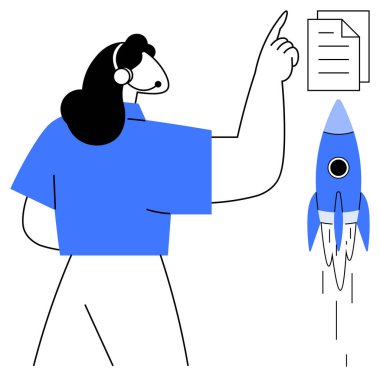 Belgeye doğru hareket eden kulaklıklı kadın ve mavi roket kalkıyor, liderlik, iletişim, yenilik, planlama, strateji, takım çalışması ve büyümeyi temsil ediyor. Basit düz metafor için ideal